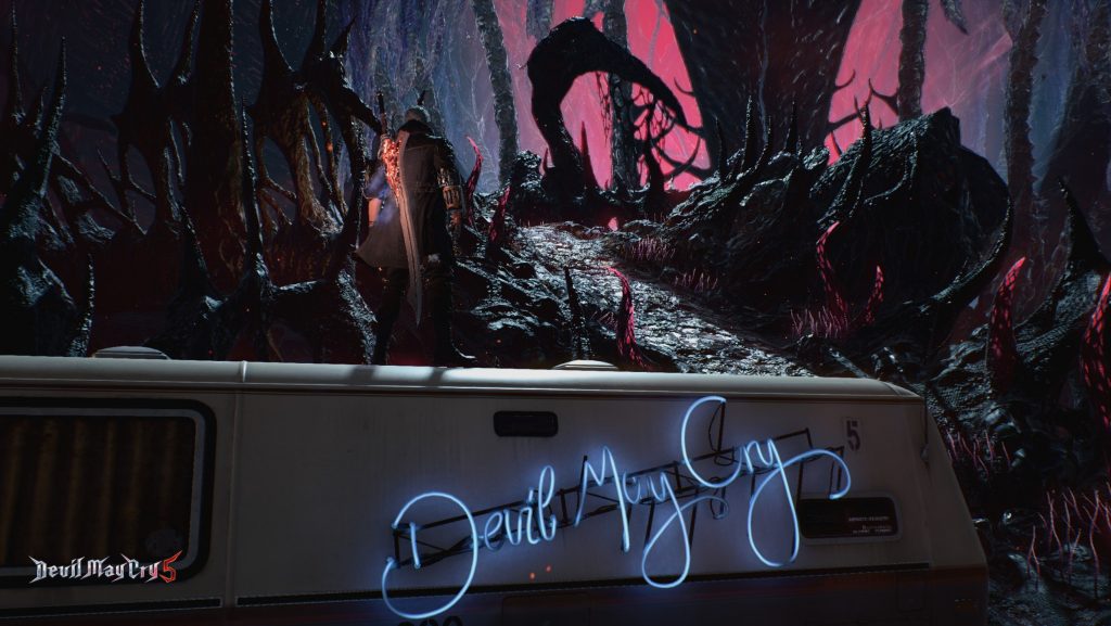 Devil May Cry 5 - Nero stands atop the Devil May Cry van