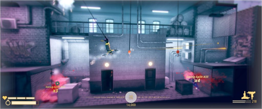 Using split-aiming and a rope in My Friend Pedro to stylishly gun down enemies.