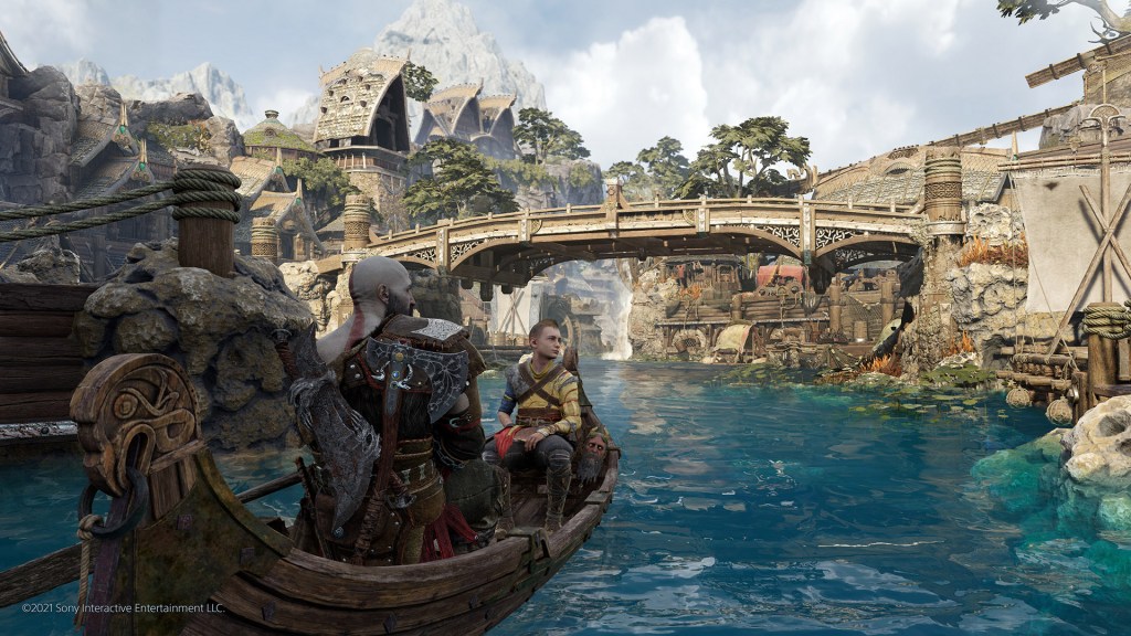 Kratos and Atreus journey into a Dwarven city in God of War: Ragnarock