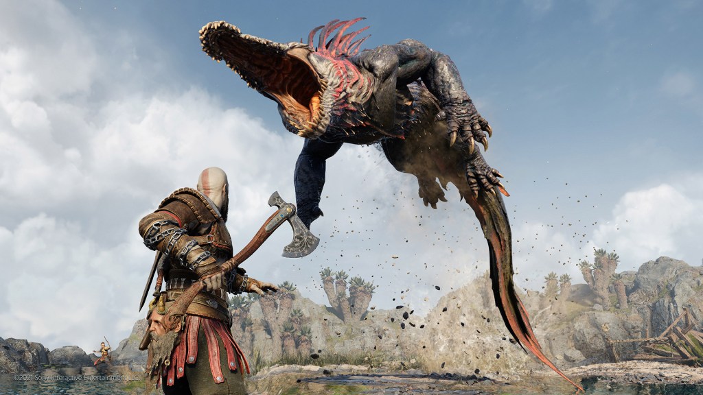 Kratos faces off against a massive Dreki in God of War: Ragnarock with the Leviathan axe in hand.