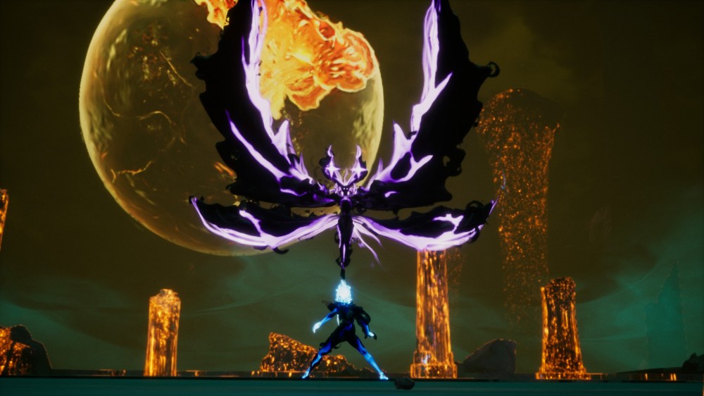A screenshot from Strayed Lights on PC, showing the hero battling a winged foe.