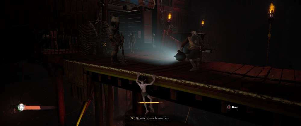 Gollum clambering under some Orcs in The Lord of the Rings: Gollum, demonstrating his platforming skills