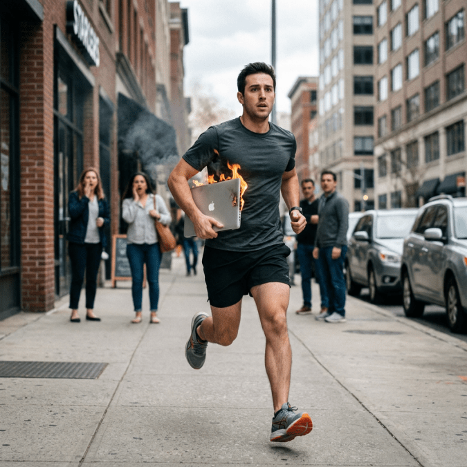 Man running on sidewalk holding a burning laptop