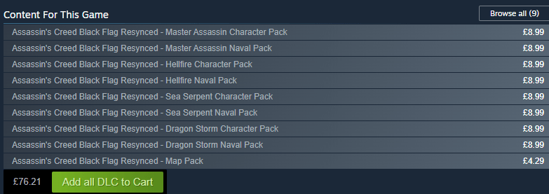 An image showing the 9 DLC packs available for Assassin's Creed: Black Flag Resymced on the Steam storefront.
